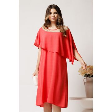 Rochie midi corai din voal dreapta cu volan si broderie pe bust