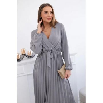 Rochie midi cu croiala petrecuta - maneci lungi si pliuri -