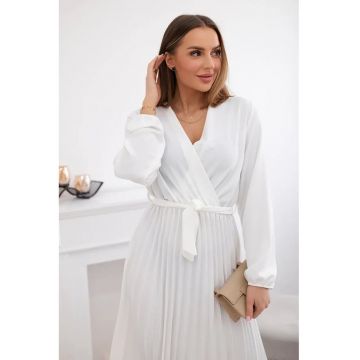 Rochie midi cu croiala petrecuta - maneci lungi si pliuri -