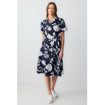 Rochie midi cu model floral si cordon in talie