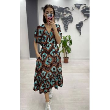 Rochie midi din bumbac, cu elastic in talie si imprimeu turcoaz pe fond maro