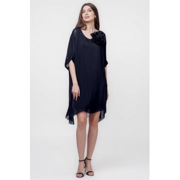 Rochie midi, dreapta, din matase naturala, cu funda pe spate, bleumarin