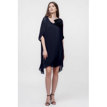 Rochie midi, dreapta, din matase si vascoza, cu funda pe spate, bleumarin