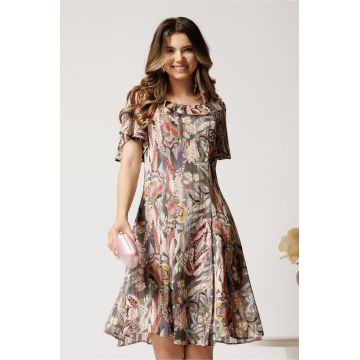 Rochie midi gri cu roz din voal in clin cu fir lurex si decupaje la decolteu