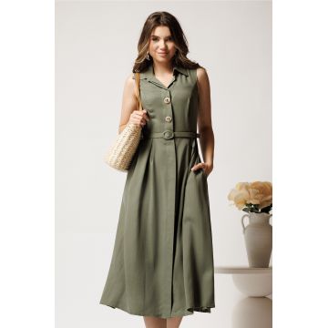 Rochie midi kaki din tencel in clos cu nasturi si curea