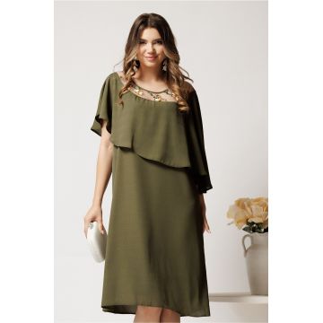 Rochie midi kaki din voal dreapta cu volan si broderie pe bust