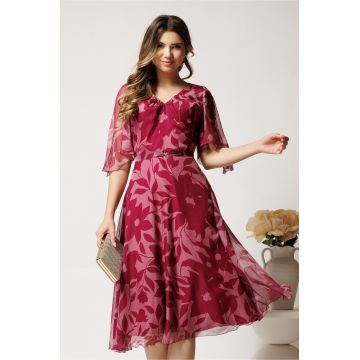 Rochie midi roz din voal cu imprimeu magenta si maneci vaporoase- Viada