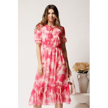 Rochie midi roz din voal in clos cu imprimeuri florale fucsia