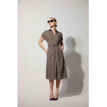 Rochie midi tip camasa cu imprimeu in carouri - Bej inchis