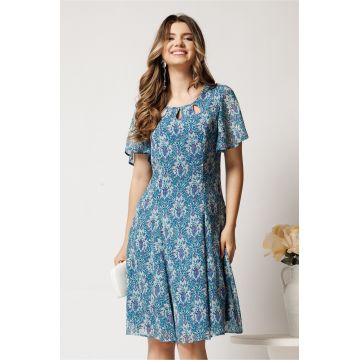 Rochie midi turcoaz cu mov din voal in clin cu fir lurex si decupaje la decolteu