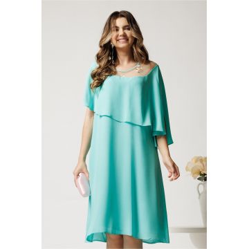 Rochie midi turcoaz din voal dreapta cu volan si broderie pe bust