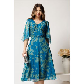 Rochie midi verde din voal cu imprimeu turcoaz si maneci vaporoase- Viada