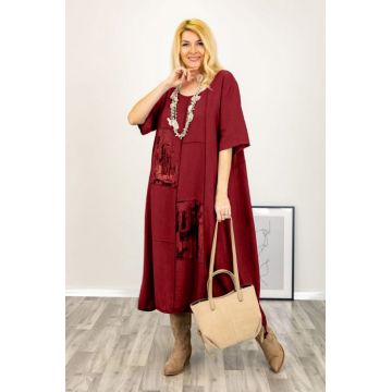 Rochie oversize A-line, din in cu snur in partea de jos, bordo