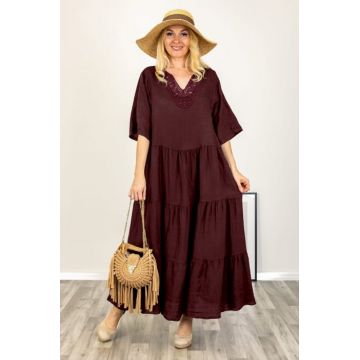 Rochie oversize cu volane si dantela la decolteu, din in visinie