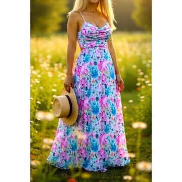 Rochie plisata de zi NYSA, cu funda la spate, BLUE-ROZ, Marime S/M
