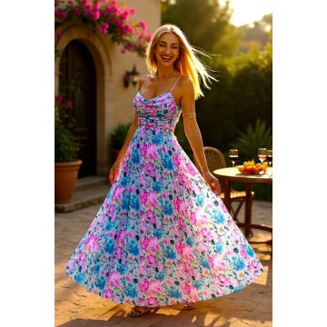 Rochie plisata de zi NYSA, cu funda la spate, BLUE/ROZ, Marime S/M