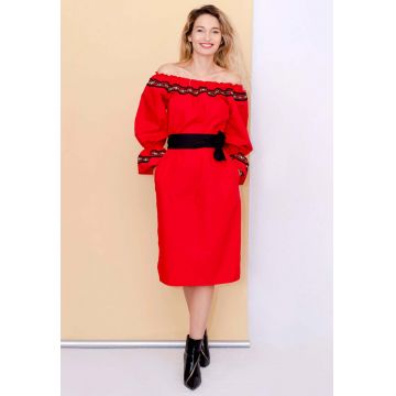 Rochie cu decolteu pe umeri cu detalii cu model traditional Sofia