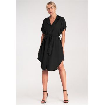 Rochie camasa -  neagra - asimetrica - din viscoza - cu curea -