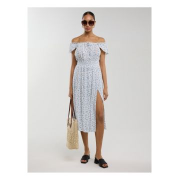Rochie cu imprimeu floral si despicatura adanca - Alb