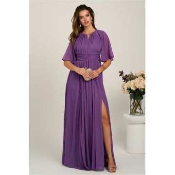 Rochie DY Fashion lunga mov din voal in clos cu crapatura pe picior