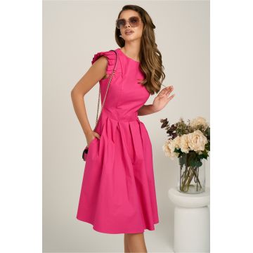 Rochie DY Fashion midi fucsia din poplin in clos cu volane la umeri