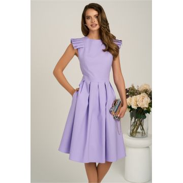Rochie DY Fashion midi lila din poplin in clos cu volane la umeri
