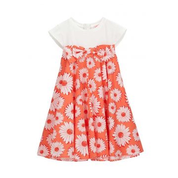 Rochie evazata cu model floral si aplicatie cu funda