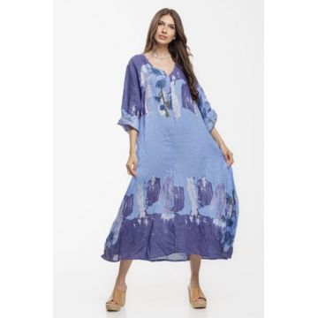 Rochie lunga A-line oversize, din in, albastra, cu imprimeu abstract