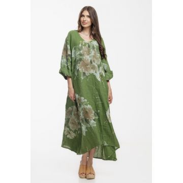 Rochie lunga A-line oversize, din in, verde cu imprimeu abstract
