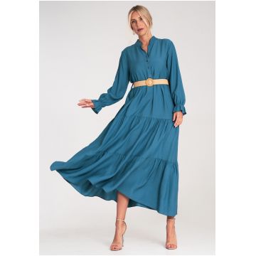 Rochie lunga casual  cu volane - albastra - material usor -