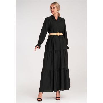 Rochie lunga casual  cu volane - neagra - cu curea -