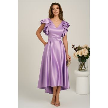 Rochie lunga lila din tafta subtire in clos cu volanase la bust- LaDonna