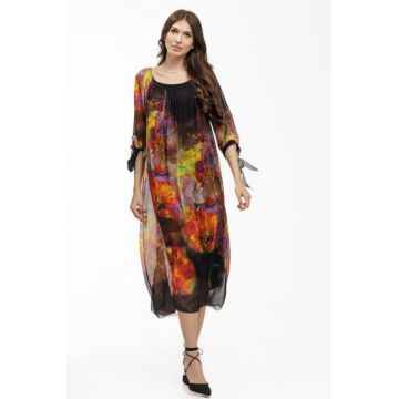 Rochie lunga negra cu imprimeu floral spectaculos, din matase naturala