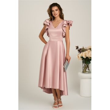 Rochie lunga roz din tafta subtire in clos cu volanase la bust- LaDonna