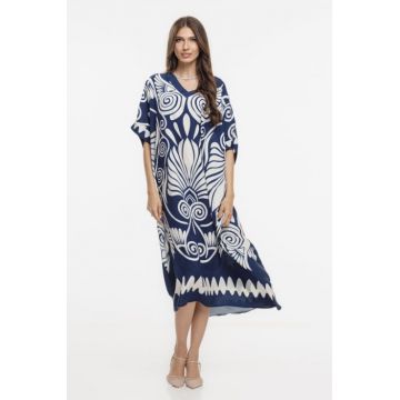 Rochie maxi oversize bleumarin-alb cu imprimeu floral stilizat