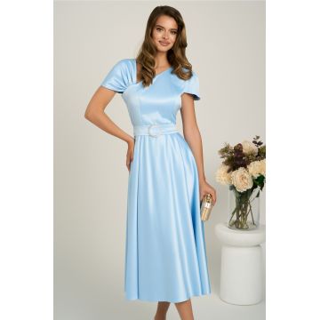 Rochie midi bleu din tafta subtire in clos cu cordon in talie- LaDonna