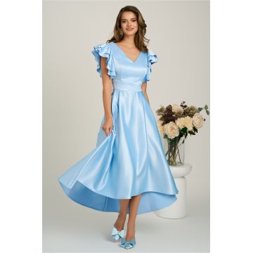 Rochie midi bleu din tafta subtire in clos cu volanase la bust