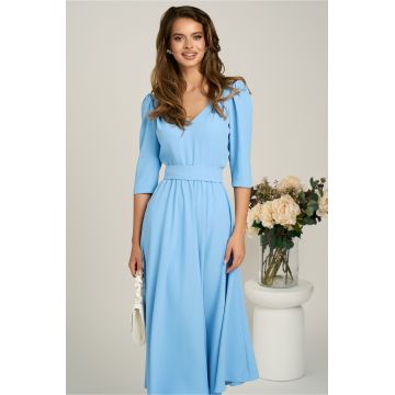 Rochie midi bleu din triplu voal in clos cu cordon in talie- LaDona