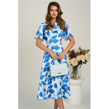 Rochie midi cu imprimeu albastru din triplu voal in clos
