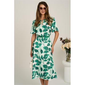 Rochie midi cu imprimeu verde din triplu voal in clos