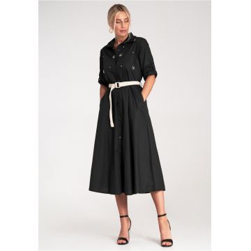 Rochie midi -  cu strasuri - neagra - tip camasa -
