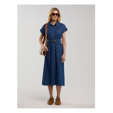 Rochie midi din denim cu buzunare aplicate - Albastru