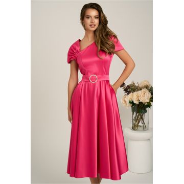 Rochie midi fucsia din tafta subtire in clos cu cordon in talie- LaDonna