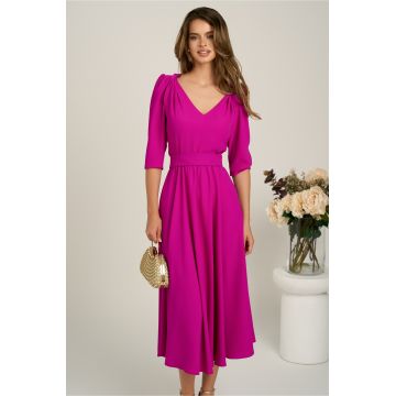 Rochie midi fucsia din triplu voal in clos cu cordon in talie- LaDona