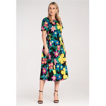 Rochie midi  imprimeu floral intens - material textil usor - cu legaturi laterale -