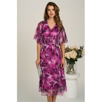 Rochie midi magenta din voal in clos cu imprimeuri si maneci vaporoase