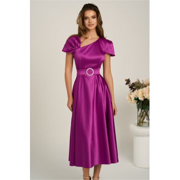 Rochie midi mov din tafta subtire in clos cu cordon in talie- LaDonna