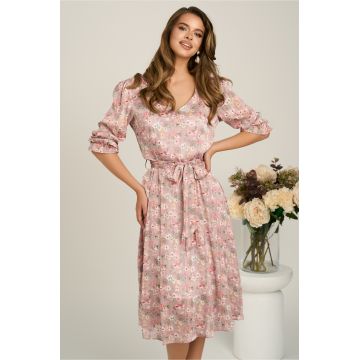 Rochie midi roz din voal in clos cu flori si cordon in talie