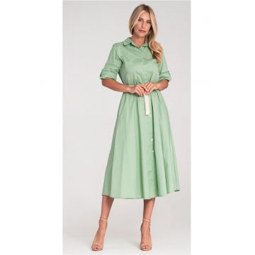 Rochie midi  verde - bumbac - cu aplicatii si curea impletita -