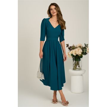 Rochie midi verde inchis din triplu voal in clos cu cordon in talie- LaDona